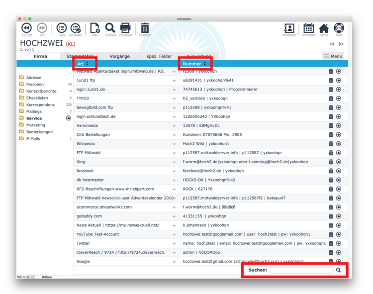 Sortiermöglichkeit des Bereichs "Service"